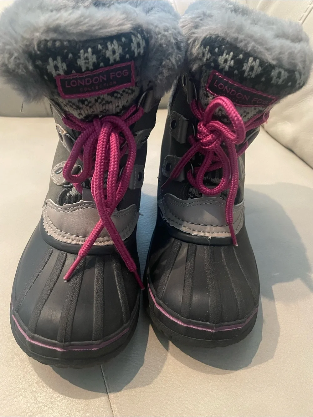 London Fog Grey Kids Snow Boots with Pink Accents